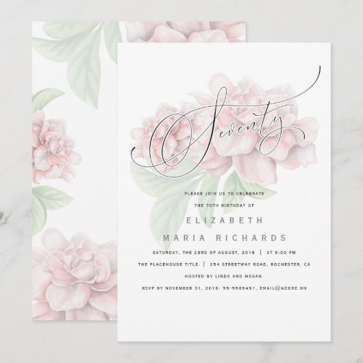 Elegante Roze Bloemen Typografie 70 Verjaardagsfee Kaart (Voorkant / Achterkant)
