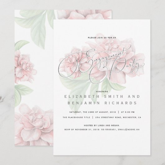 Elegante roze bloemen typografie verlovingsfeest kaart (Voorkant / Achterkant)
