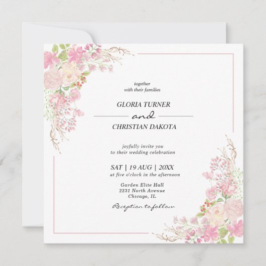 Elegante Roze Bloemen Vierkant Huwelijksuitnodigin Kaart (Voorkant)