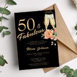 Elegante roze bloemen vijftig fantastische 50ste v kaart<br><div class="desc">Modern faux gold trendy kalligrafie script 50 en fantastische jaren zwarte verjaardagsfeestuitnodiging met champagnefluiten en roze beige perzik rozen.</div>
