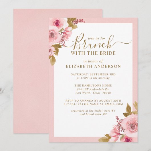 Elegante Roze Bloemen Vrijgezellenfeest Brunch Kaart (Voorkant / Achterkant)