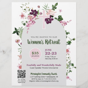 Elegante Roze Bloemen Vrouwen Kerk QR Code Retreat Flyer