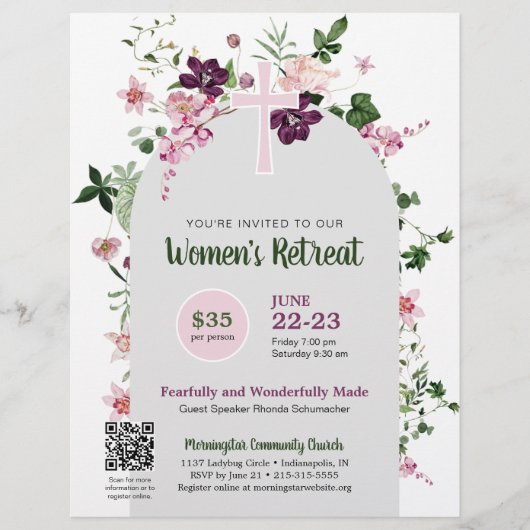 Elegante Roze Bloemen Vrouwen Kerk QR Code Retreat Flyer (Voorkant)