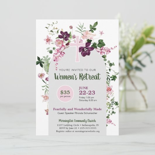 Elegante Roze Bloemen Vrouwen Kerk Retreat Kaart (Staand voorkant)