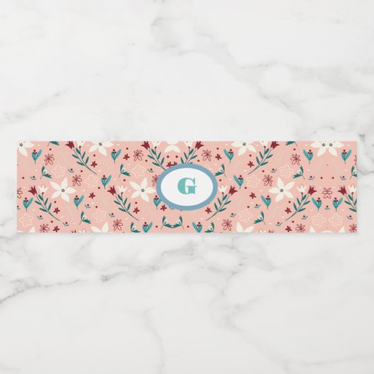 Elegante roze bloemen  waterfles etiket (Enkel label)