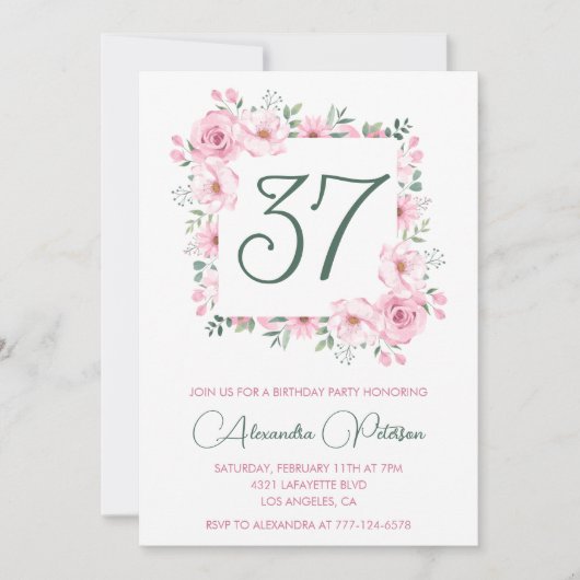 Elegante Roze Bloemen Waterverf 37ste verjaardag Kaart (Voorkant)