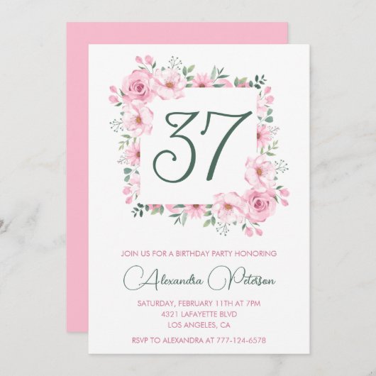 Elegante Roze Bloemen Waterverf 37ste verjaardag Kaart (Voorkant / Achterkant)