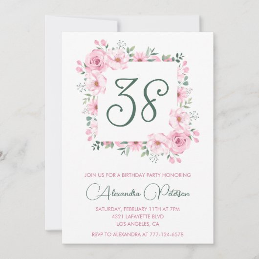Elegante Roze Bloemen Waterverf 38ste verjaardag Kaart (Voorkant)