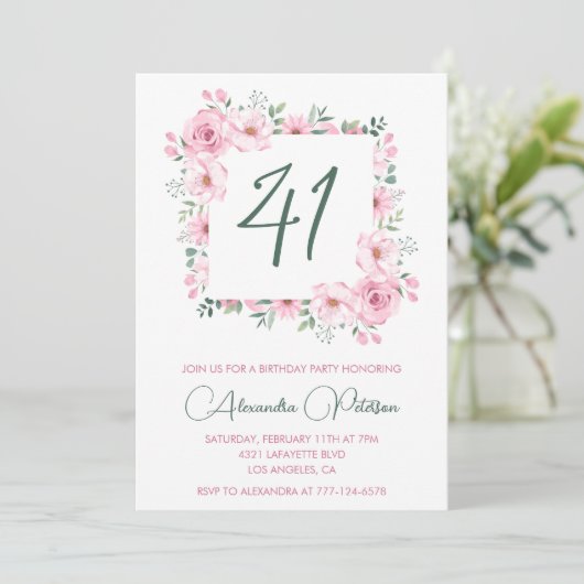 Elegante Roze Bloemen Waterverf 41ste verjaardag Kaart (Staand voorkant)