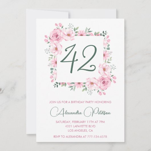 Elegante Roze Bloemen Waterverf 42ste verjaardag Kaart (Voorkant)