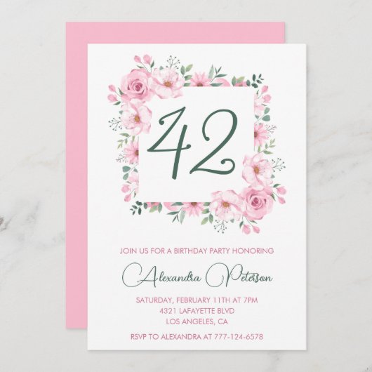 Elegante Roze Bloemen Waterverf 42ste verjaardag Kaart (Voorkant / Achterkant)