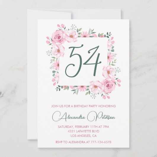 Elegante Roze Bloemen Waterverf 54ste verjaardag Kaart (Voorkant)