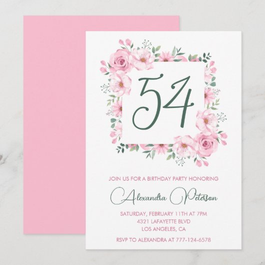 Elegante Roze Bloemen Waterverf 54ste verjaardag Kaart (Voorkant / Achterkant)