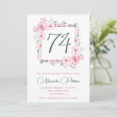 Elegante Roze Bloemen Waterverf 74ste verjaardag Kaart (Staand voorkant)