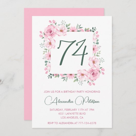 Elegante Roze Bloemen Waterverf 74ste verjaardag Kaart (Voorkant / Achterkant)