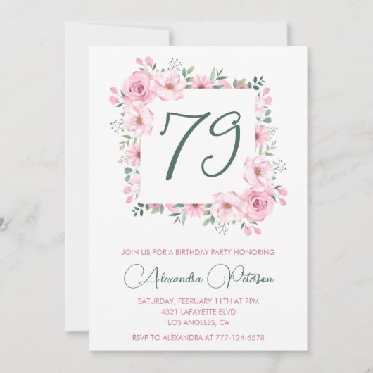 Elegante Roze Bloemen Waterverf 79ste verjaardag Kaart (Voorkant)