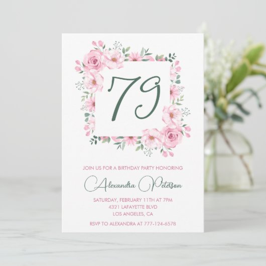 Elegante Roze Bloemen Waterverf 79ste verjaardag Kaart (Staand voorkant)