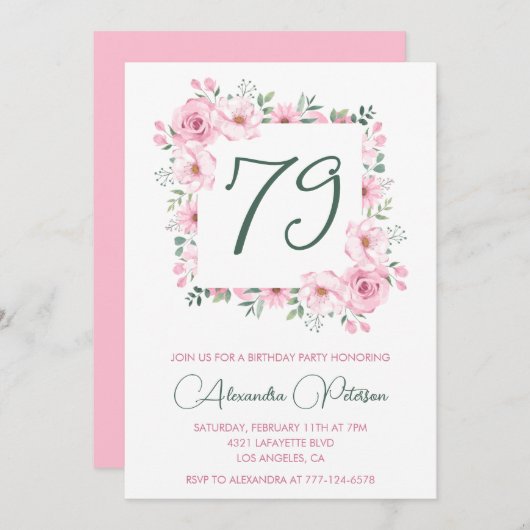 Elegante Roze Bloemen Waterverf 79ste verjaardag Kaart (Voorkant / Achterkant)