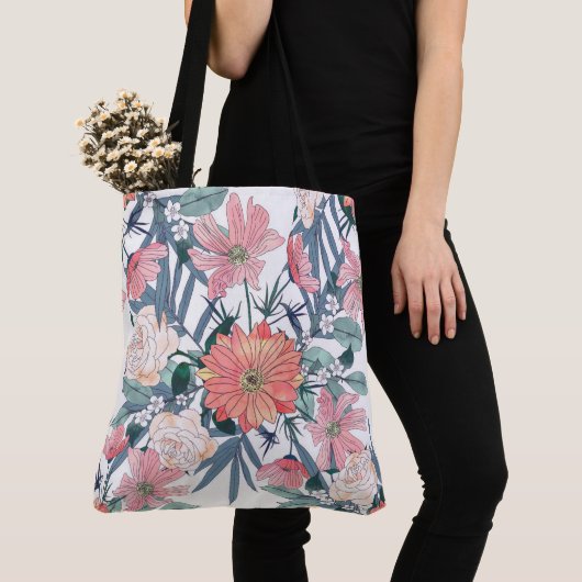 Elegante Roze Bloemen Waterverf Bloemstuk Tote Bag (Dichtbij)