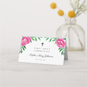 Elegante Roze Bloemen Waterverf Eerste Communie Plaatskaartje (Achterkant)