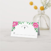 Elegante Roze Bloemen Waterverf Eerste Communie Plaatskaartje (Voorkant)