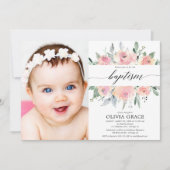 Elegante roze bloemen waterverf meisje doop foto kaart (Voorkant)