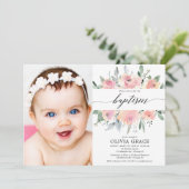 Elegante roze bloemen waterverf meisje doop foto kaart (Staand voorkant)