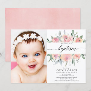 Elegante roze bloemen waterverf meisje doop foto kaart