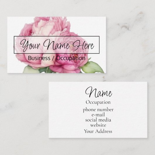 Elegante roze bloemen waterverf pioen roos visitekaartje (Voorkant / Achterkant)