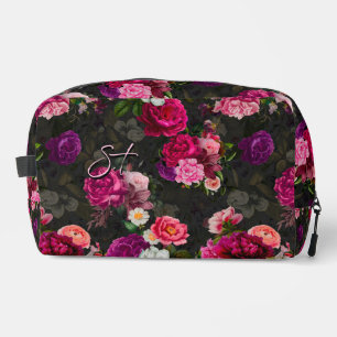 Elegante roze bloemen zwart monogram accessoire toilettasje