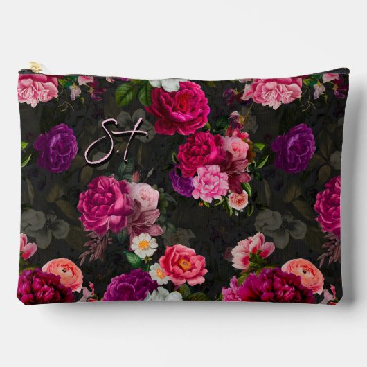 Elegante roze bloemen zwart monogram etui (Voorkant)