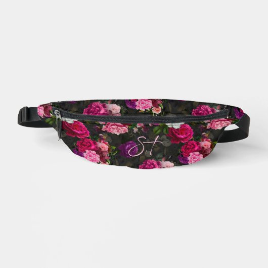 Elegante roze bloemen zwart monogram heuptasje (Voorkant)