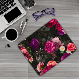 Elegante roze bloemen zwart monogram muismat