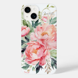 Elegante Roze Bloemenaquarel met Gepersonaliseerde Case-Mate iPhone 14 Hoesje