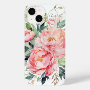 Elegante Roze Bloemenaquarel met Gepersonaliseerde Case-Mate iPhone 14 Hoesje