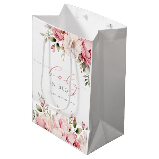 Elegante roze bloemenBaby in bloei meisje Baby sho Medium Cadeauzakje (Voorkant Gekanteld)