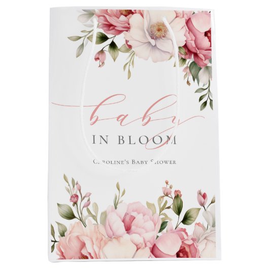 Elegante roze bloemenBaby in bloei meisje Baby sho Medium Cadeauzakje (Voorkant)