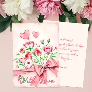 Elegante Roze Bloemenboeket met Hartjes en Lint Kaart