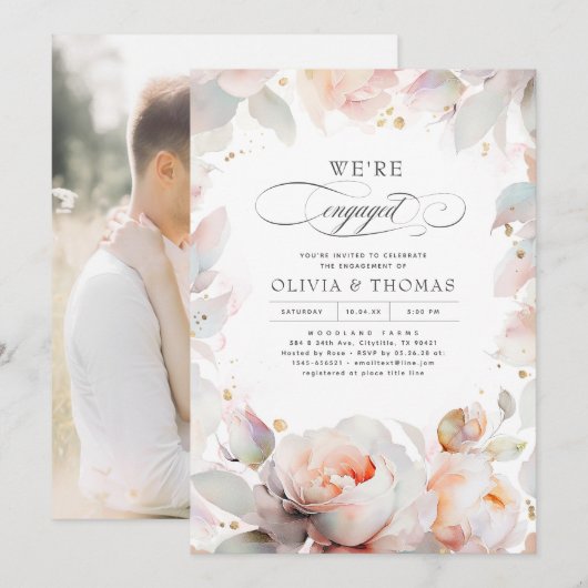 Elegante roze bloemenboho verlovingsfeestfoto kaart (Voorkant / Achterkant)