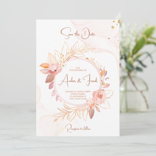 Elegante roze bloemenbruiloft uitnodiging w / QR-c (Staand voorkant)