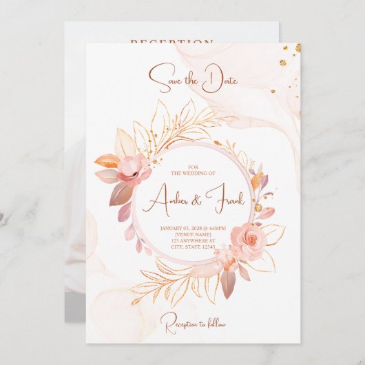 Elegante roze bloemenbruiloft uitnodiging w / QR-c (Voorkant / Achterkant)