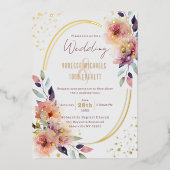 Elegante roze bloemenbruiloft Waterverf ovaal Folie Uitnodiging (Voorkant)