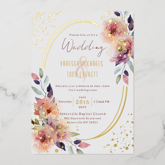 Elegante roze bloemenbruiloft Waterverf ovaal Folie Uitnodiging (Voorkant)