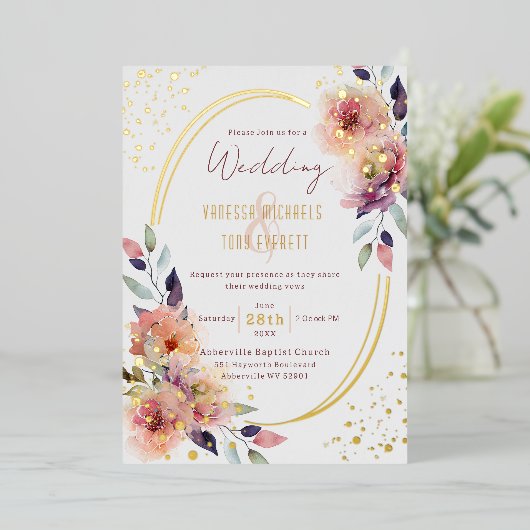 Elegante roze bloemenbruiloft Waterverf ovaal Folie Uitnodiging (Staand Voorkant)