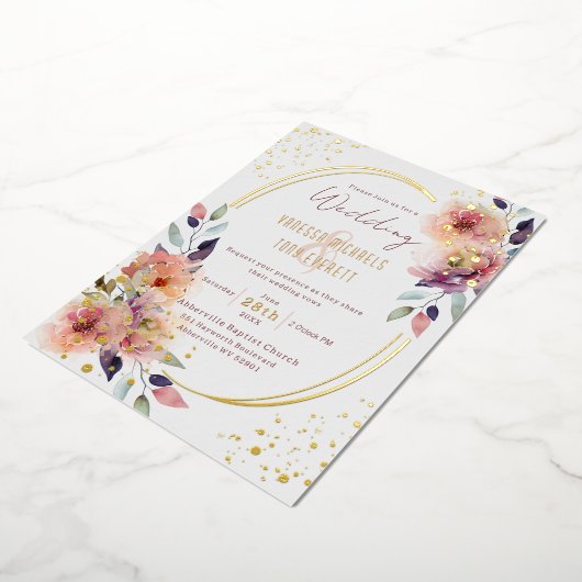 Elegante roze bloemenbruiloft Waterverf ovaal Folie Uitnodiging (Gedraaid)