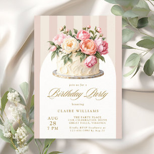 Elegante roze bloemencake gestreepte verjaardagsfe kaart