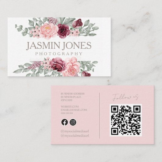Elegante Roze Bloemencode QR Code Fotografie Visitekaartje (Voorkant / Achterkant)