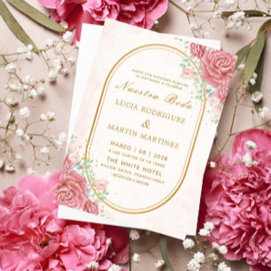 Elegante roze bloemenen gouden frame Nuestra Boda Kaart