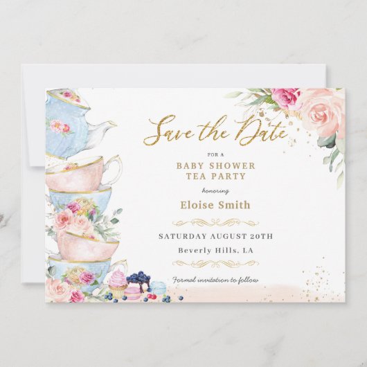 Elegante Roze Bloemenge High Tea Feestje Baby Show Save The Date (Voorkant)