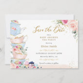 Elegante Roze Bloemenge High Tea Party Baby Shower Save The Date (Voorkant)